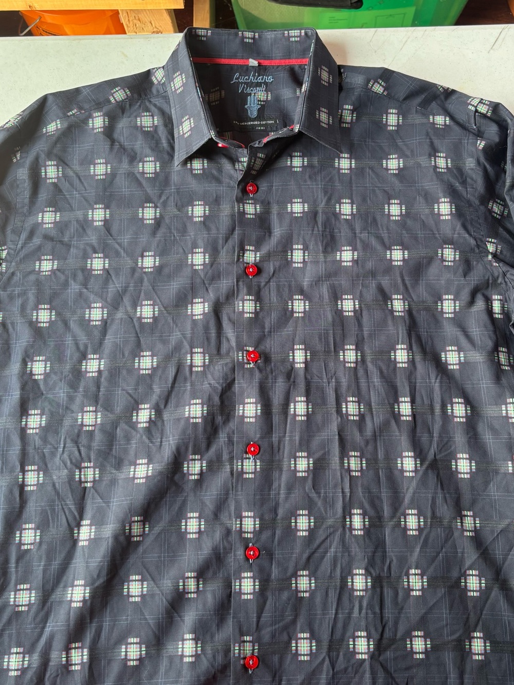 Luchiano Visconti Mens Shirt Size L 2 Ply Mercerized Cotton Black Plaid Geo⁠